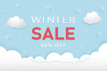 Winter sale on a beautiful background with snowflakes and clouds. Winter banner with snowflakes and Christmas decorations on a blue background. Vector illustration.