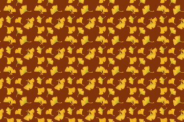Autumn ginkgo leaf seamless pattern on brown backgrounds. Yellow leaves pattern watercolor illustration for wrapping paper, textile prints, banners, backgrounds