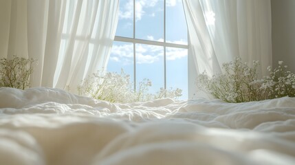 Soft light illuminates a rumpled white duvet beside a window adorned with sheer curtains and small white flowers