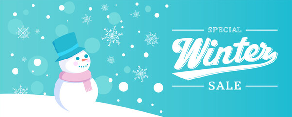 Winter sale banner with snowmen as a background and design. A cute snowman with beautiful falling snowflakes on a blue background with the caption "Special Winter Sale." Vector illustration.
