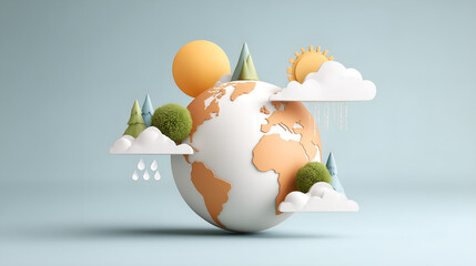 Stylized world globe with sun, clouds, and trees for Earth Day awareness and environmental concepts, promoting sustainability and climate action