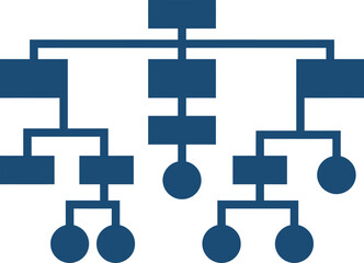 A dark blue symmetrical tree diagram with rectangular and oval nodes on transparent background
