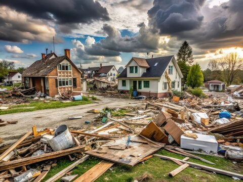 Destroyed homes and buildings with debris scattered all over the yard after a tornado hit Lapeer