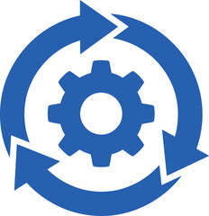 Blue circular icon with gears and arrows representing process flow on transparent background