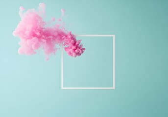 Pink smoke cloud expanding into a white square frame on a light blue green background
