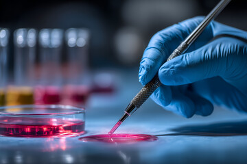 Scientist carefully analyzing petri dish sample with gloved hand in laboratory research setting, advancing modern medical discovery, innovative research