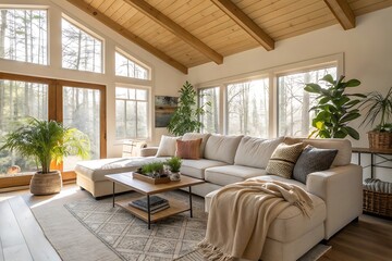 Naklejka premium Living room with a white couch and a coffee table