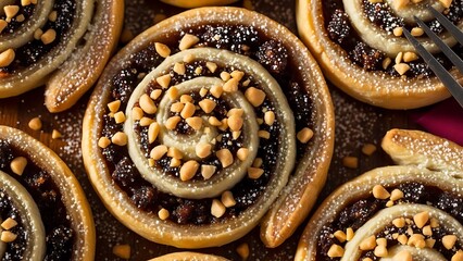Close-up collection of spiral mince pies with peanut topping, rich artisanal pastry design featuring detailed textures and warm festive holiday dessert styling