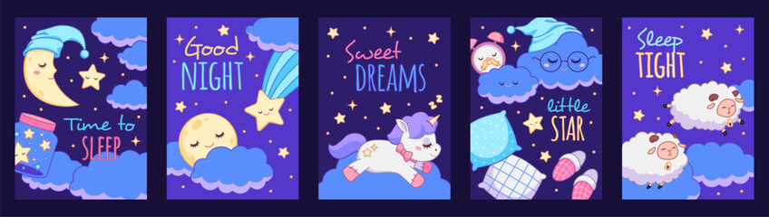 Naklejka premium Good night cards. Sweet dreams posters with sleeping elements, cute cartoon characters, moon, stars, unicorn and clouds, print design, bedtime phrases on dark background, tidy vector set