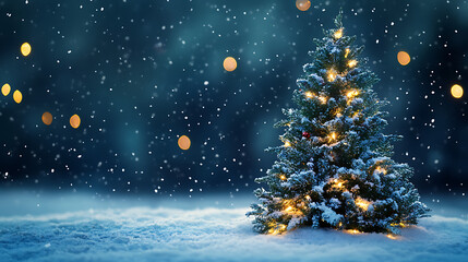 Winter holiday festive theme. Noel. Happy New Year. Green Christmas spruce tree with lights and snow on green-blue forest background. 