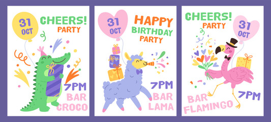 Festive animals party cards. Funny crocodile, llama and flamingos with gifts, bouquets and firecrackers, kids birthday posters and invitations design, garish vector cartoon isolated set