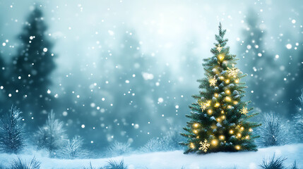 Winter holiday festive theme. Noel. Happy New Year. Green Christmas spruce tree with lights and snow on green-blue forest background. 