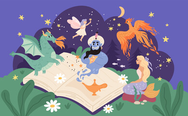Naklejka premium Fairy tale reading book. Various mythical and fabulous characters, magic creatures, dragon, cute phoenix, mermaid and gin, mythology story, cartoon flat isolated garish vector concept