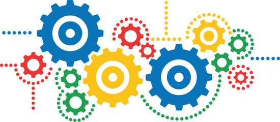 Colorful interlocking gears in a decorative arrangement representing teamwork and progress on transparent background