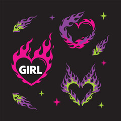 Neon purple and pink fire flames forming heart shapes with girl text vector illustration.