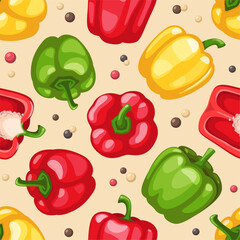 Bell pepper seamless pattern. Repeated whole vegetables and halves with seeds, sweet taste, red, yellow and green textile, wrapping paper, wallpaper. Print for fabric classy vector background