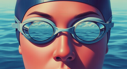 Female swimmer wearing goggles, focused on the water surface, reflections of waves visible in lenses, showcasing determination and readiness for competition in aquatic environment