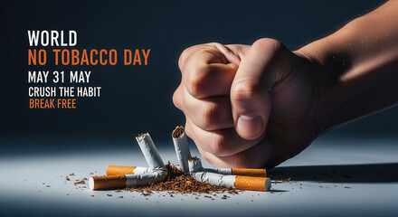 Strong hand crushing cigarette butts on a dark surface, symbolizing the fight against smoking, promoting health awareness and the importance of quitting tobacco for a better life
