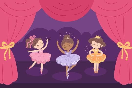Cartoon ballerinas perform on stage. Little girls in pointe shoes and tutus, cute kids dance, theater curtains, childish choreographic performance, children artistic show garish vector concept