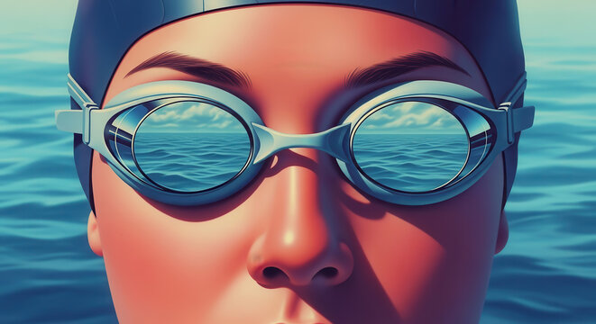 Female swimmer wearing goggles, focused on the water surface, reflections of waves visible in lenses, showcasing determination and readiness for competition in aquatic environment