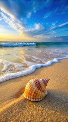 Obraz premium Seashell resting on the sandy beach with waves gently lapping at its base