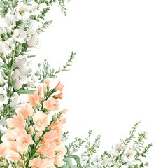 Delicate watercolor floral arrangement features clusters of white and peach blossoms with green foliage framing the corner space