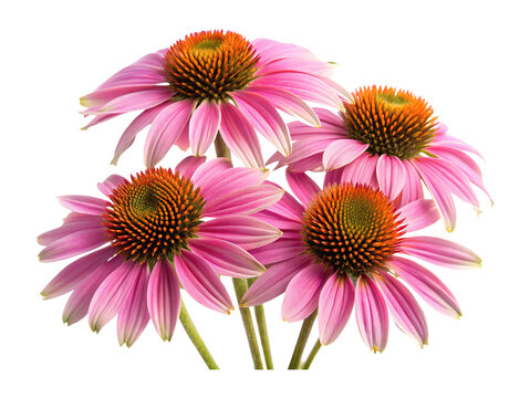 Four beautiful Echinacea flowers with vibrant pink petals and orange centers on white - Powered by Adobe