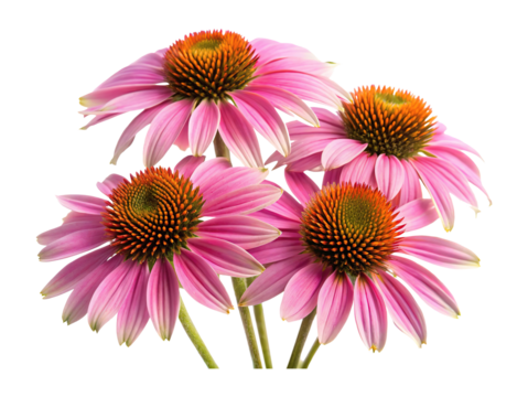 Four beautiful Echinacea flowers with vibrant pink petals and orange centers on white