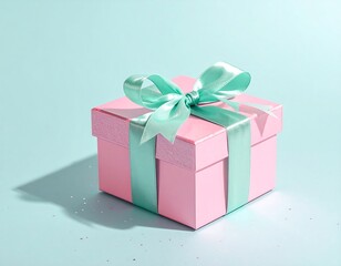 Fototapeta premium Pink gift box with turquoise ribbon on a light blue background