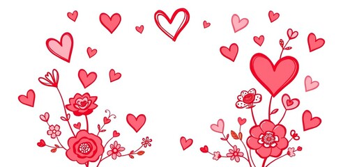 Whimsical doodle hearts, flowers, and romantic elements for Valentine's Day and wedding designs,  cute,  graphic