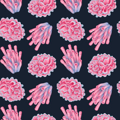 Seamless watercolor marine pattern with elements of a pink coral reef. Stylized underwater animals. Hand drawn isolated illustration. Image for natural designs, fabrics, textiles and packaging