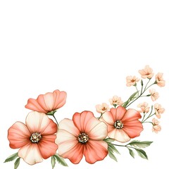 Delicate watercolor floral arrangement features coral and cream blossoms clustered in the corner