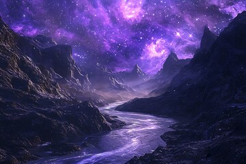 Mystical purple cosmos illuminating alien valley high resolution picture