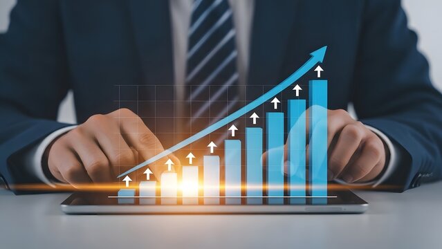 Business growth analysis on tablet with rising bar graph and businessman in background - Powered by Adobe