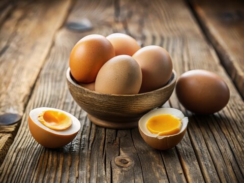 Eggs halved on a rustic wooden table