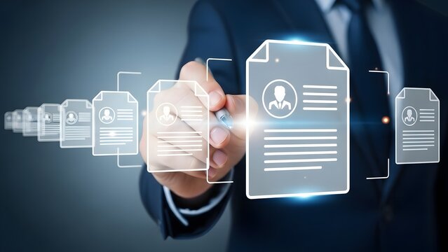 Human resources specialist selecting a candidate profile from a virtual list