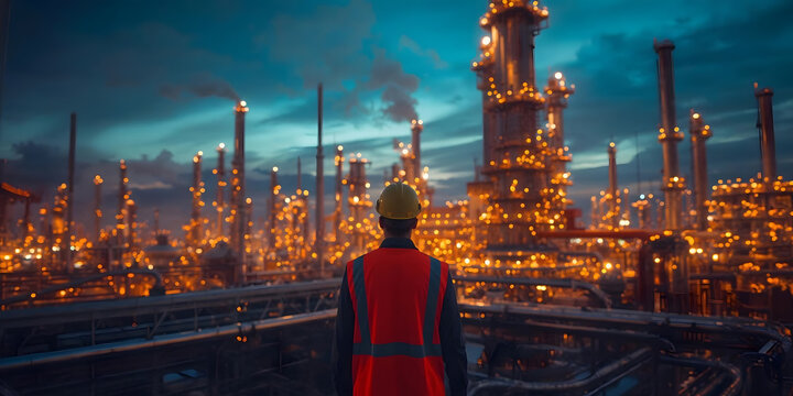 A solitary figure in a bright orange safety vest and yellow hard hat stands amidst a sprawling industrial complex at dusk, gazing at a towering, illuminated refinery.