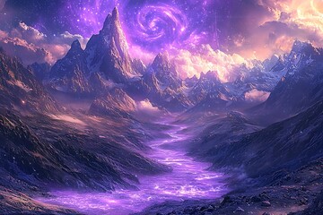 Radiant cosmic stream winding between dark peaks high resolution picture