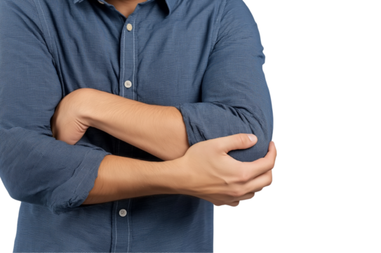 Man holding elbow in pain isolated on a transparent background