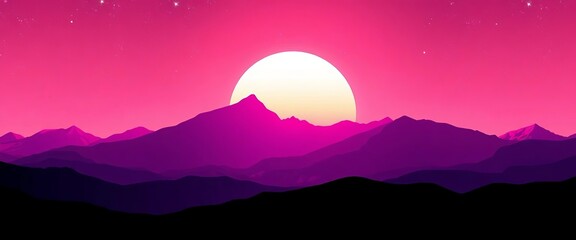 Silhouette of futuristic purple & pink mountains against a sun and star backdrop, silhouette, sun