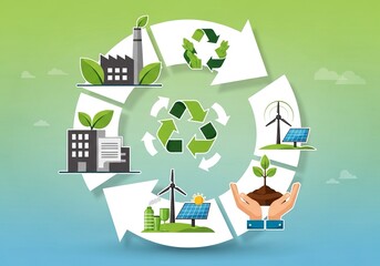 Promote your sustainable business with a captivating circular economy illustration featuring recycling, renewable energy, and green initiatives for a better planet now
