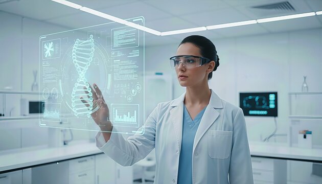 Future of Medical Research. Female Scientist Interacting with Holographic DNA Interface in a High-Tech Biotechnology Laboratory