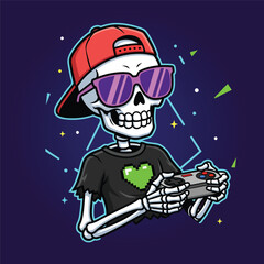 Cool gamer skeleton holding controller with sunglasses and red cap vector illustration.