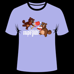 A Valentine's Day themed T-shirt design featuring romantic bears exchanging gifts and affection on a lilac background.