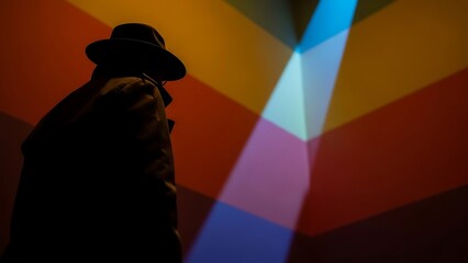 Mysterious figure in a fedora hat stands in a dramatic spotlight with colorful striped background