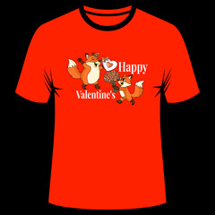 Cute fox couple exchanging Valentine's gifts, symbolizing love and commitment, ideal for a red t-shirt design.
