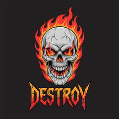 Burning skull head in orange fire flames with destroy typography vector illustration.