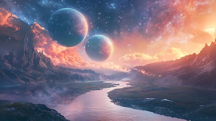 Stunning nebula illuminating surreal extraterrestrial landscape high resolution picture