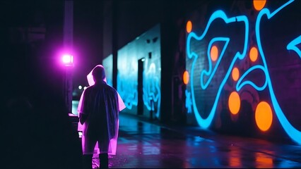 Vibrant abstract graffiti illuminates a dark urban corridor with a lone figure walking away