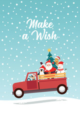 Greeting card of Christmas Cute Santa Claus and Snowman on a truck